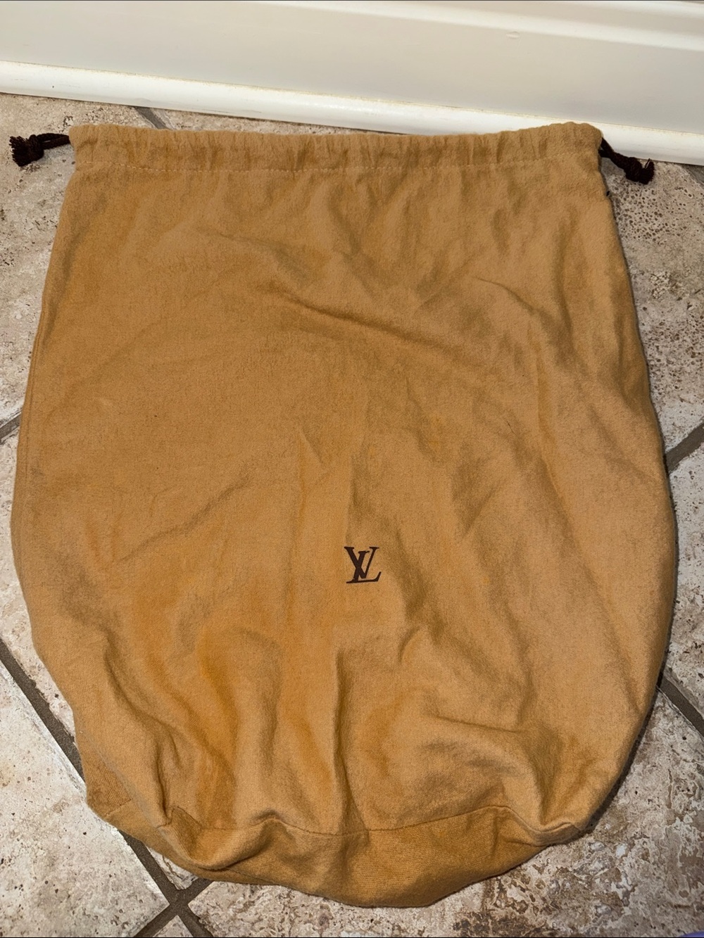 Louis Vuitton Suede-Texture Drawstring Dust Bag in Tan with Brown Logo